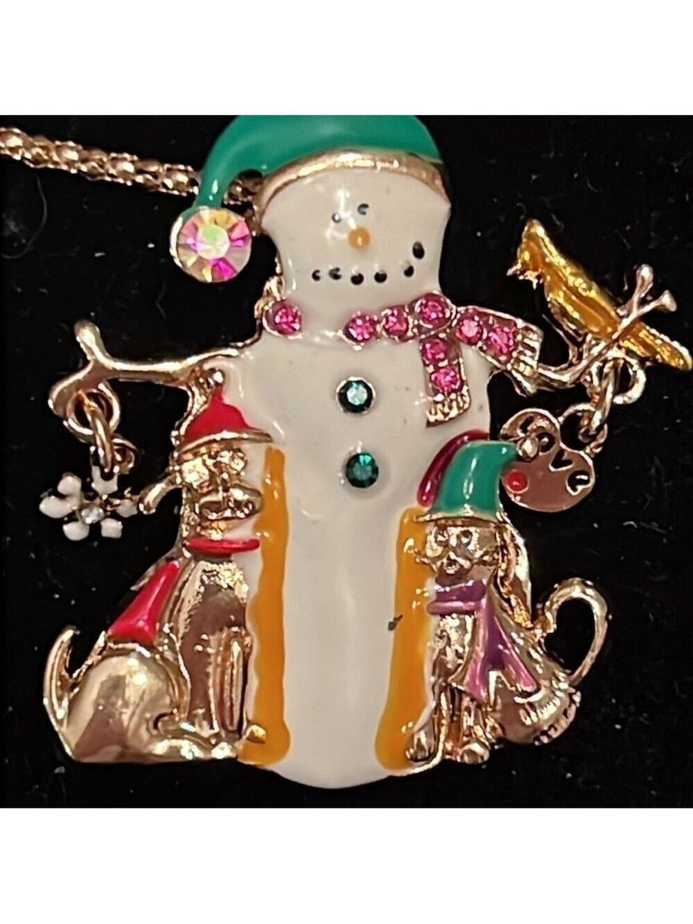Betsey Johnson Green White Snowman Brooch Necklace